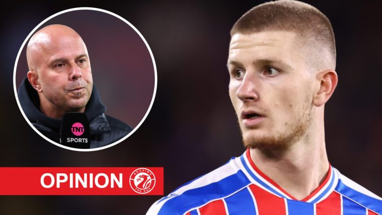 Main: Adam Wharton playing for Crystal Palace in a Premier League game. Insert: Arne Slot speaking to TNT Sports.