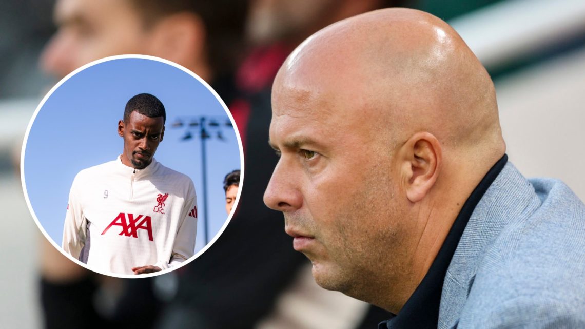 Alexander Isak (left) looks on during Liverpool training session, Arne Slot (right) looks on during Bournemouth game