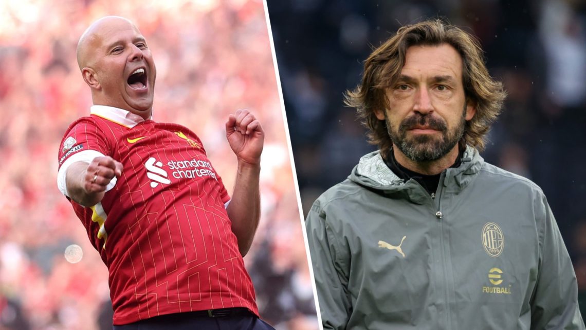 Left: Arne Slot celebrating Liverpool winning the Premier League title. Right: Andrea Pirlo on the bench for an AC Milan legends game.