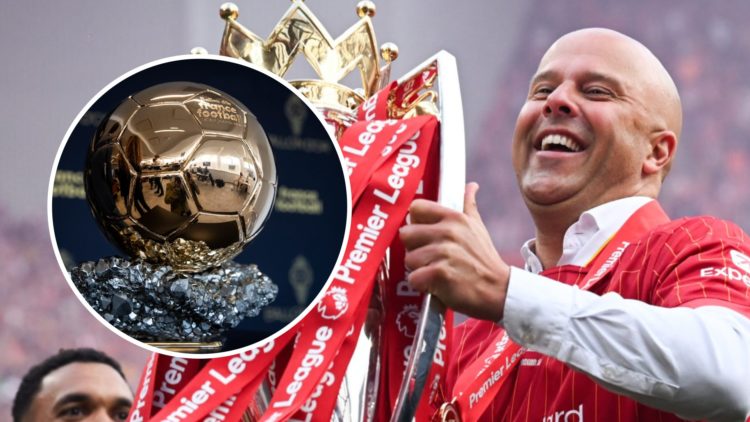 Liverpool head coach Arne Slot lifts the Premier League trophy in front of the Kop at Anfield after the final match of the 2024/25 season. The Ball...