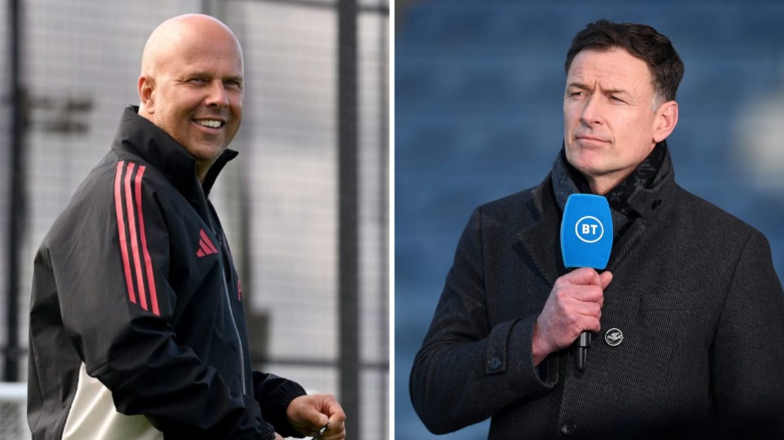 Left: Arne Slot walking out to his Liverpool team ahead of their training session. Right: Chris Sutton pictured during his presenting duties with B...