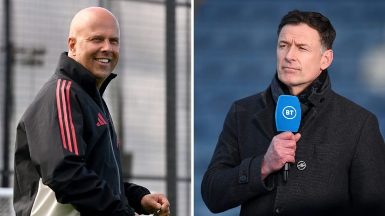 Left: Arne Slot walking out to his Liverpool team ahead of their training session. Right: Chris Sutton pictured during his presenting duties with B...
