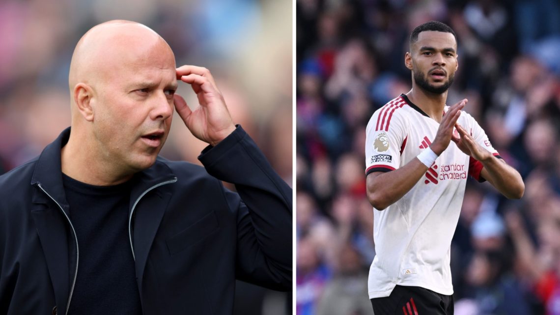 Arne Slot (left) scratches his head during Crystal Palace game, Cody Gakpo (right) makes a T signal with his hands during Crystal Palace game