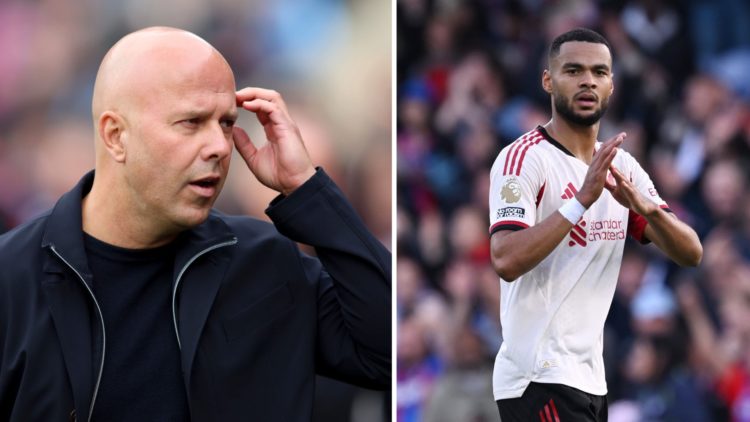 Arne Slot (left) scratches his head during Crystal Palace game, Cody Gakpo (right) makes a T signal with his hands during Crystal Palace game