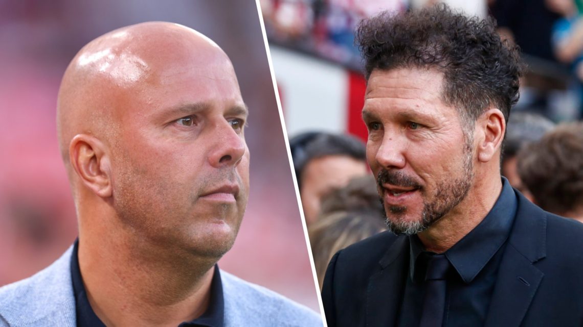 Left: Arne Slot pictured on the Liverpool touchline in pre-season. Right: Diego Simeone pictured on the Atletico Madrid touchline during a Champion...