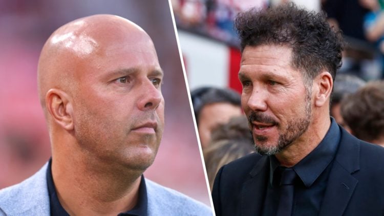 Left: Arne Slot pictured on the Liverpool touchline in pre-season. Right: Diego Simeone pictured on the Atletico Madrid touchline during a Champion...