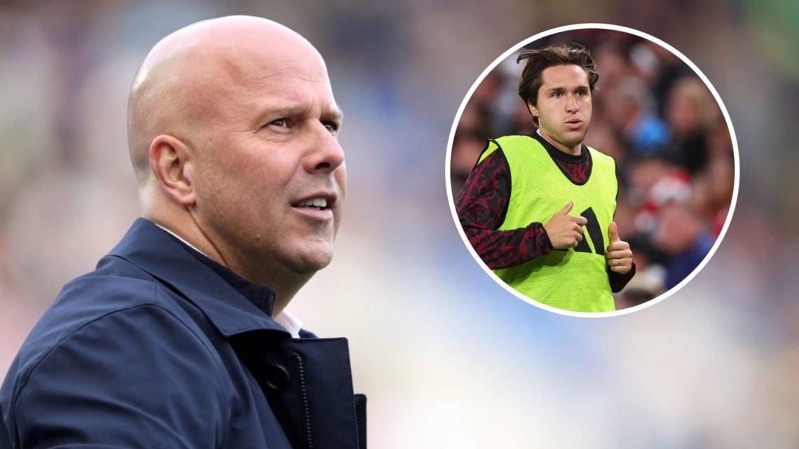 Main: Arne Slot on the Liverpool touchline looking happy. Insert: Federico Chiesa warming up for Liverpool ahead of a Champions League game.