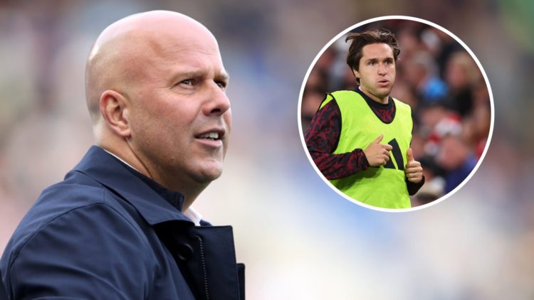 Main: Arne Slot on the Liverpool touchline looking happy. Insert: Federico Chiesa warming up for Liverpool ahead of a Champions League game.