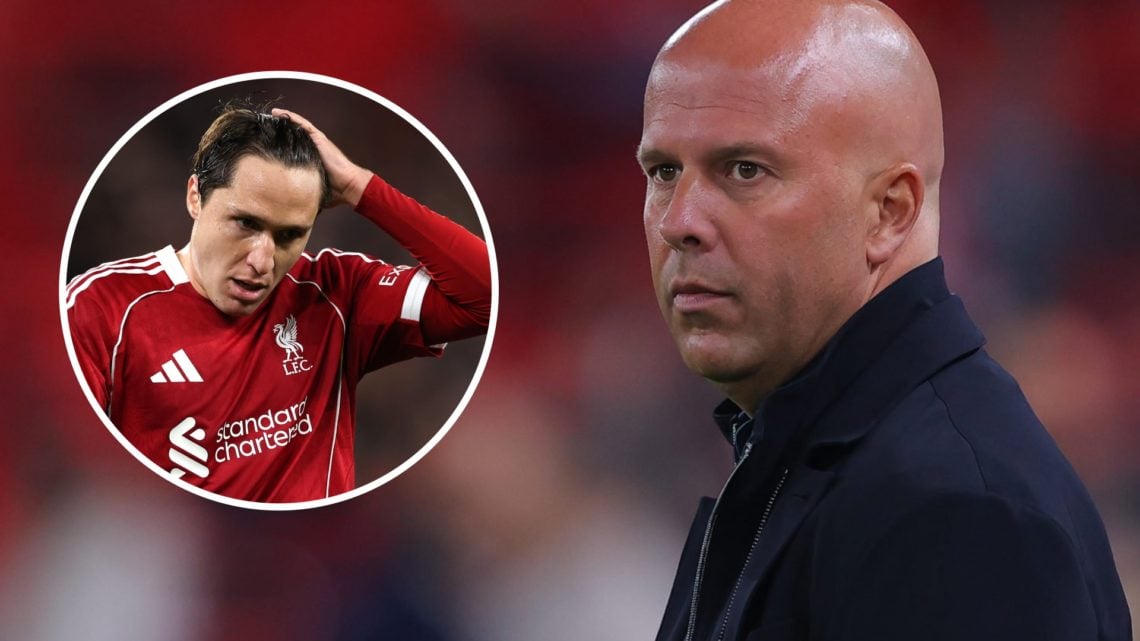 Main: Arne Slot on the Liverpool touchline during a Carabao Cup game. Insert: Federico Chiesa looking stressed out while playing for Liverpool.