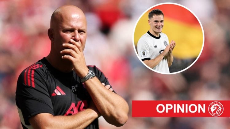 Main: Arne Slot looking concerned on the Liverpool touchline. Insert: Florian Wirtz plying his trade for Germany in their World Cup qualifiers.