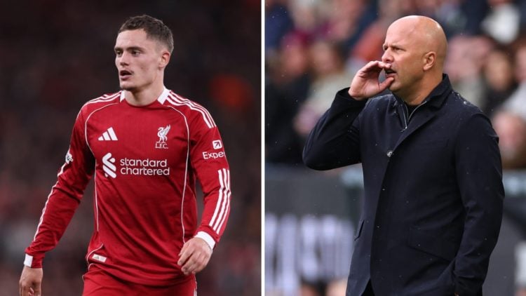 Florian Wirtz (left) playing against Atletico Madrid, Arne Slot (right) shouts from the touchline
