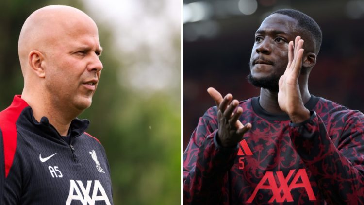Left: Arne Slot leading a Liverpool training session. Right: Ibrahima Konate clapping the Liverpool fans ahead of a Premier League game.