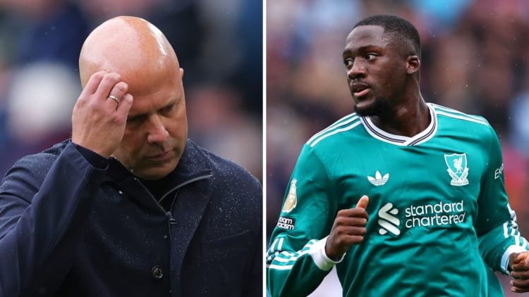 Arne Slot (left) head coach of Liverpool, looks dejected during the Premier League match between Burnley and Liverpool at Turf Moor, Ibrahima Konat...