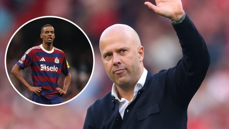 Alexander Isak (left) puts hands on hips after Newcastle game, Arne Slot (right) waves to the crowd