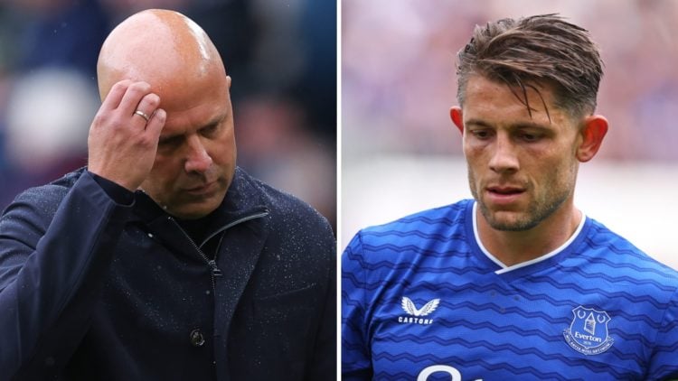 Left: Arne Slot with his hand on his head after the Liverpool v Burnley game. Right: James Tarkowski in action for Everton after their 0-0 draw aga...
