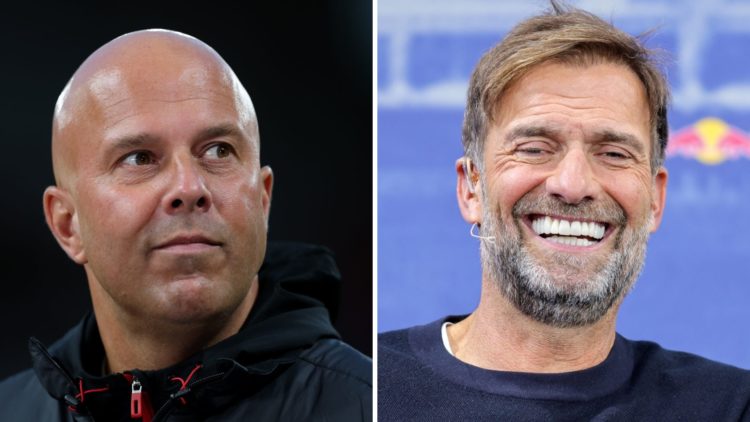 Left: Arne Slot on the Liverpool touchline during their Champions League game v Atletico Madrid. Right: Jurgen Klopp pictured smiling while sat down.