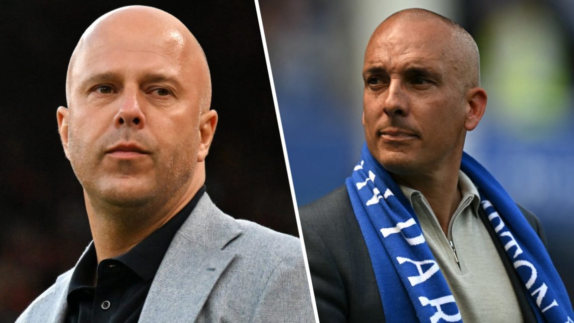 Left: Arne Slot pictured on the Liverpool touchline. Right: Leon Osman pictured walking out of Everton's new stadium.