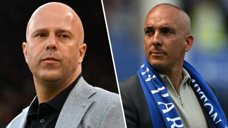 Left: Arne Slot pictured on the Liverpool touchline. Right: Leon Osman pictured walking out of Everton's new stadium.