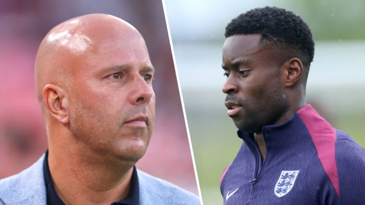 Left: Arne Slot pictured on the Liverpool touchline. Right: Marc Guehi pictured during an England training session.