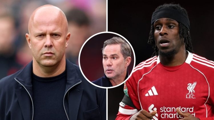 Arne Slot (left) looks on from the touchline against Crystal Palace, Jason McAteer (middle) looks on during broadcast, Jeremie Frimpong (right) dur...