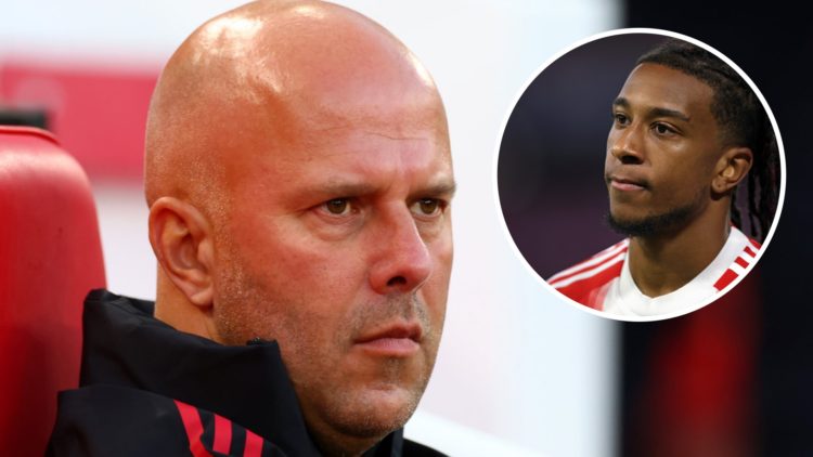 Main: Arne Slot looking focused on the Liverpool bench. Insert: Michael Olise pictured during a warm-up for Bayern Munich.