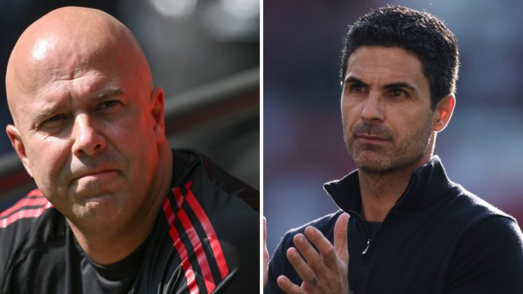 Left: Arne Slot looking towards the Liverpool fans. Right: Mikel Arteta clapping the Arsenal fans.