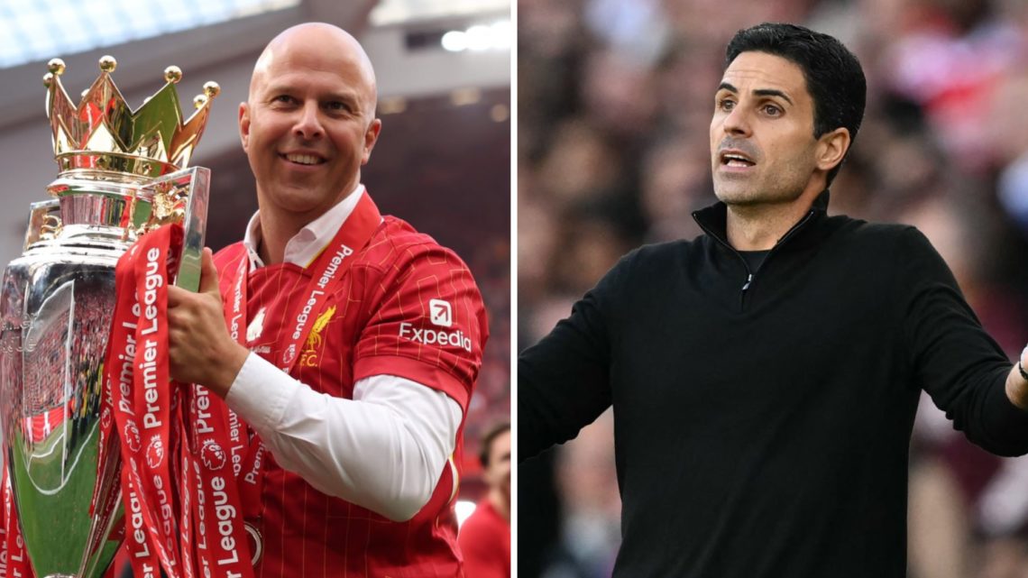 Arne Slot lifts the Premier League trophy at Anfield on the final day of the 2024/25 season. Mikel Arteta reacts on the touchline during Arsenal's ...