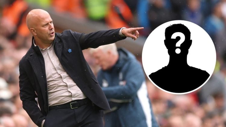 Arne Slot (left) points to the players during Everton game, Mystery silhouette (right)