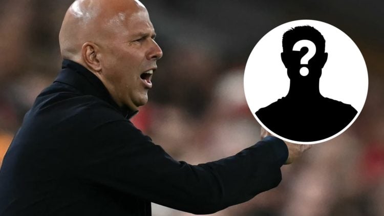 Arne Slot (left) shouts from the touchline, Mystery silhouette (right)
