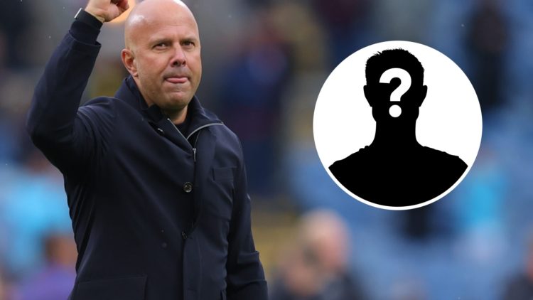 Arne Slot (left) raises his hand up to away supporters at Burnley game, mystery silhouette (right)