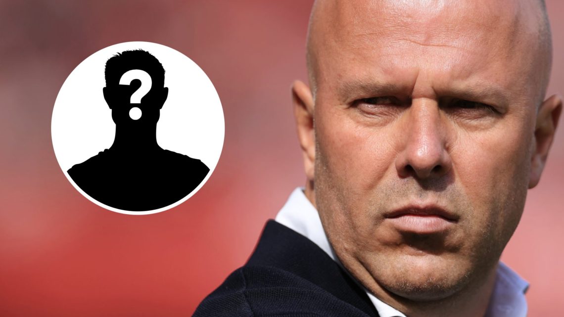 Arne Slot looks on during Liverpool's Premier League match against Arsenal at Anfield. Mystery player silhouette with question mark.