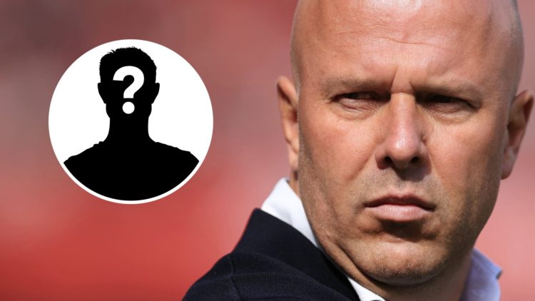Arne Slot looks on during Liverpool's Premier League match against Arsenal at Anfield. Mystery player silhouette with question mark.