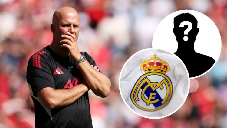 Arne Slot (left) covers his face, Mystery silhouette (top right), Real Madrid badge (bottom right)