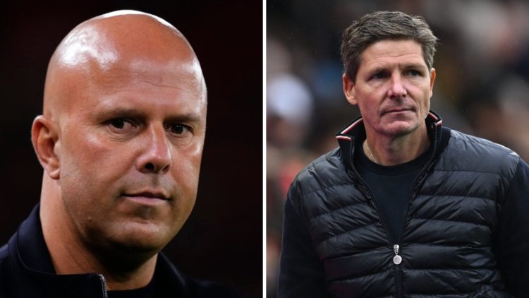 Arne Slot (left) looks on during game, Oliver Glasner (right) walks down the touchline