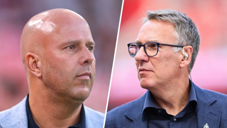 Left: Arne Slot pictured on the Liverpool touchline. Right: Paul Merson pictured during his presenting duties for Sky Sports.