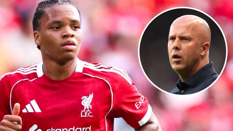 Main: Rio Ngumoha pictured playing for Liverpool. Insert: Arne Slot looking confused on the Liverpool touchline.