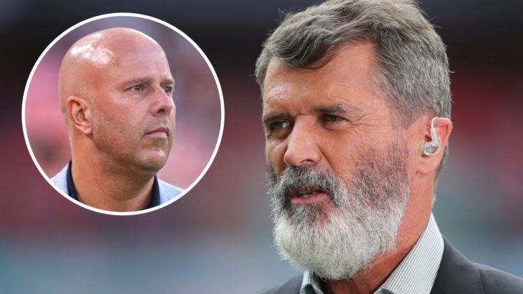 Main: Roy Keane pictured during his presenting duties for a Premier League game. Insert: Arne Slot pictured in a suit on the Liverpool touchline.