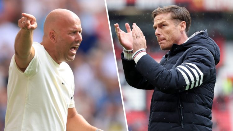 Left: Arne Slot shouting at his Liverpool team on the touchline. Right: Scott Parker clapping the Burnley fans after their defeat against Mancheste...