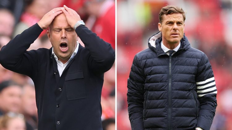 Arne Slot (left) puts his hands on his head during Arsenal game, Scott Parker (right) looks on during Burnley vs Manchester United