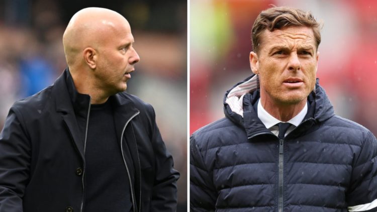 Left: Arne Slot looking towards the Liverpool fans after their win against Burnley. Right: Scott Parker pictured after Burnley's defeat to Liverpool.