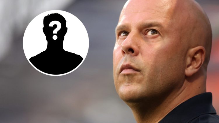 Arne Slot looks on during Liverpool's Premier League match against Newcastle United at St James' Park. Mystery player silhouette with question mark.