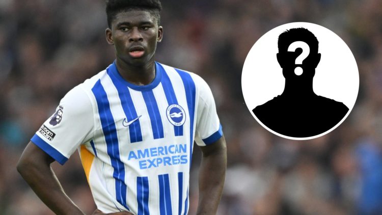 Carlos Baleba (left) puts his hands on his hips during Brighton game, mystery silhouette (right)