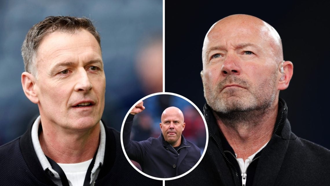 Left: Chris Sutton pictured during his punditry duties for Sky Sports. Right: Alan Shearer presenting a Champions League game. Insert: Arne Slot li...