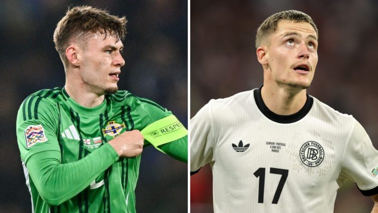 Conor Bradley in action for Northern Ireland against Bulgaria in the UEFA Nations League. Florian Wirtz looks to the sky during Germany's UEFA Nati...