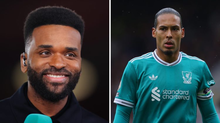 Darren Bent (left) speaks on broadcast, Virgil van Dijk (right) looks on in Burnley game