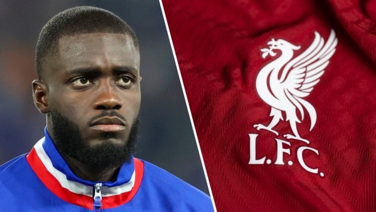 Dayot Upamecano of France lines up ahead of the FIFA World Cup qualifier against Iceland in Paris. Close-up of Liverpool badge on the 2022/23 home ...