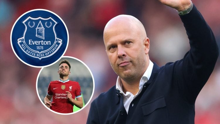 Everton badge (top left), Diogo Jota (bottom left) celebrates, Arne Slot (right) waves to the crowd