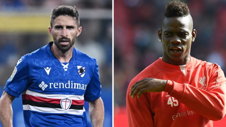 Fabio Borini (left) plays for Genoa, Mario Balotelli (right) in a Liverpool training top