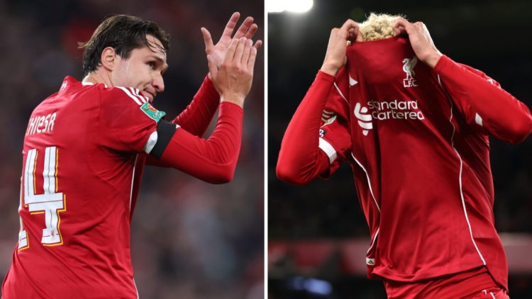 Federico Chiesa of Liverpool applauds the fans during the Carabao Cup Third Round match between Liverpool and Southampton at Anfield. Hugo Ekitike ...