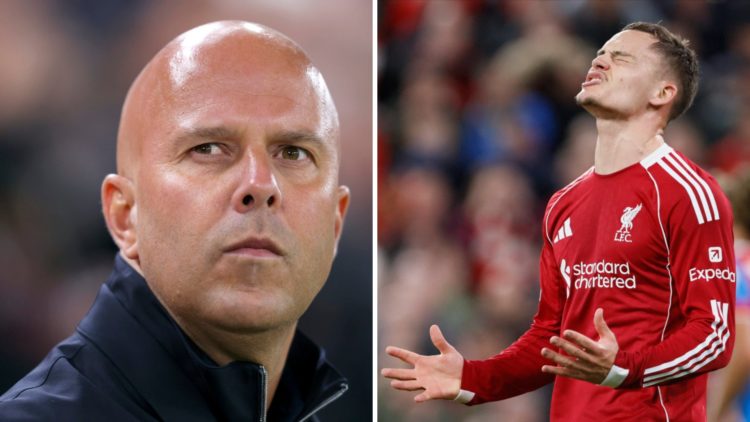 Arne Slot (left) looks on during match, Florian Wirtz (right) looks frustrated during Atletico Madrid game
